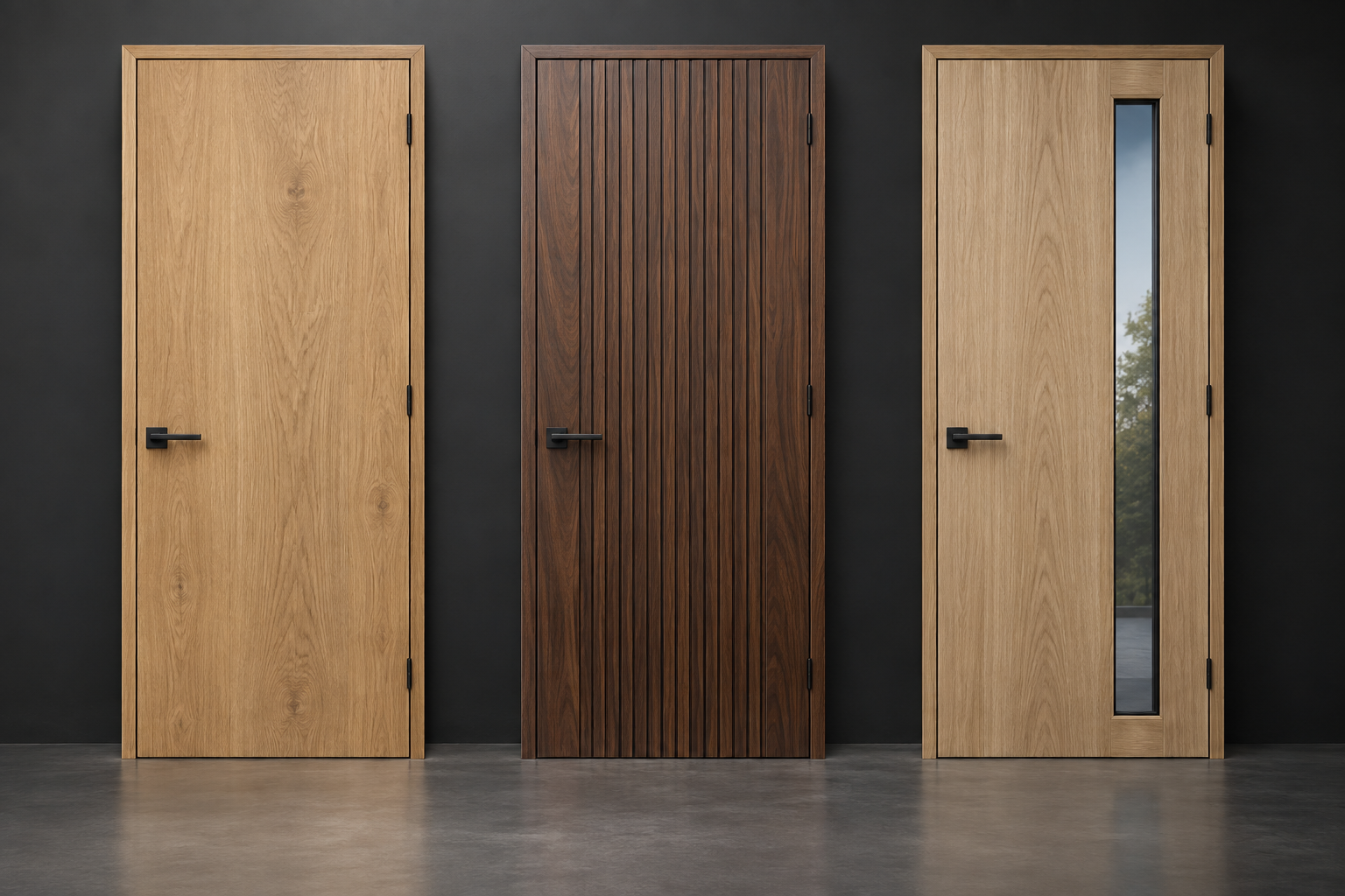 Three timber door styles in oak, walnut and ash with glass insert